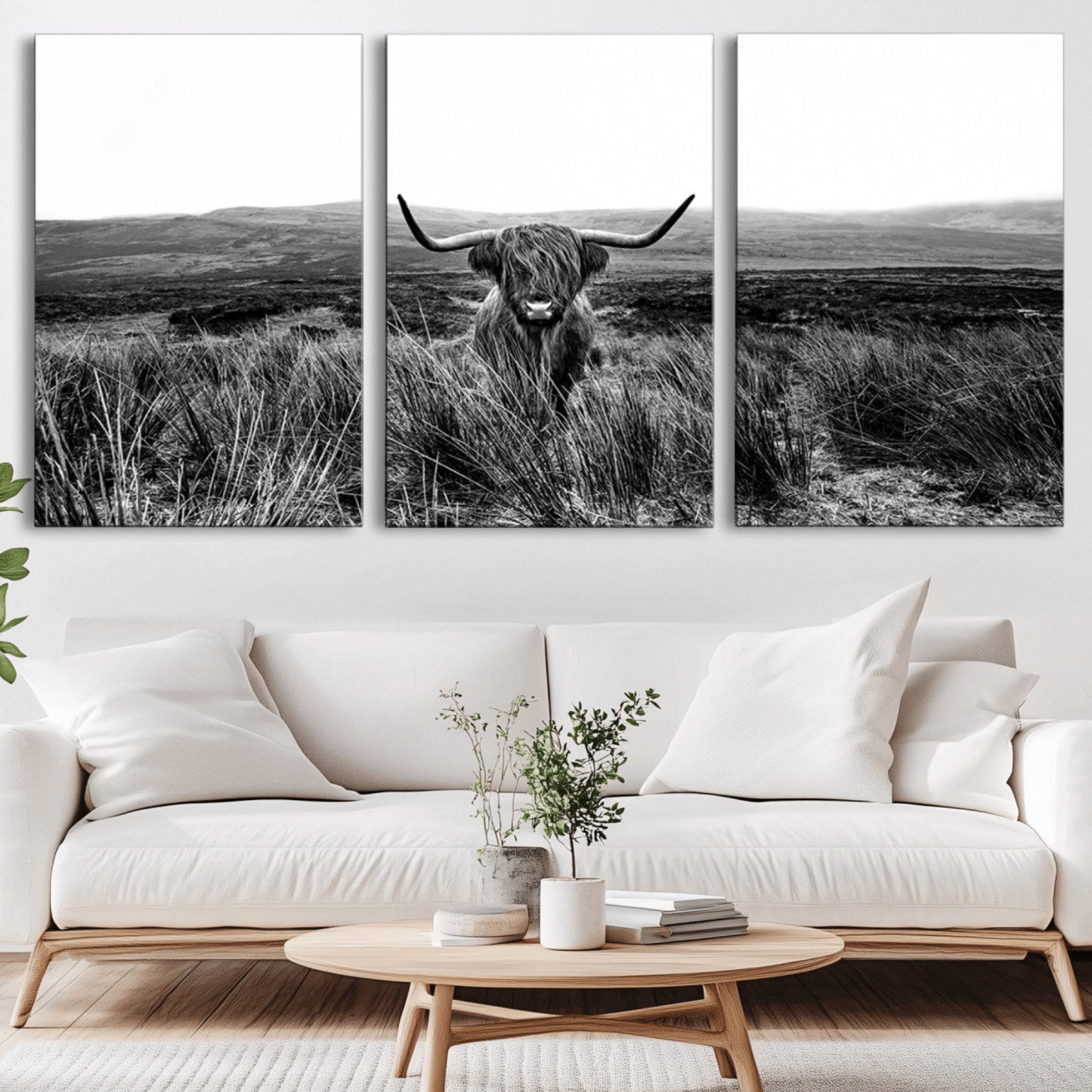 -MGV-CV-36X24-Black and White Highland Cow Canvas Wall Art, Longhorn Triptych Western Wall Decor for Cabin -