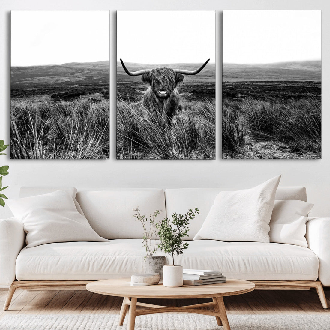 Black and White Highland Cow Canvas Wall Art, Longhorn Triptych Western Decor for Cabin and Farmhouse