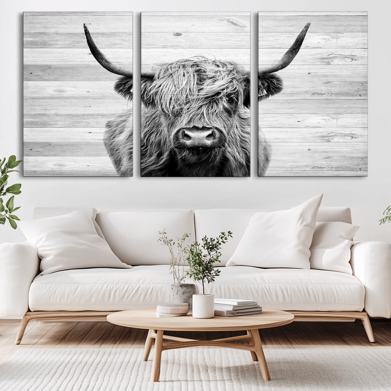 14634-MGV-CV-36X24-Scottish Highland Cow Cattle Art Print on Wood Background Style, Scottish Highland Cow Wall Art