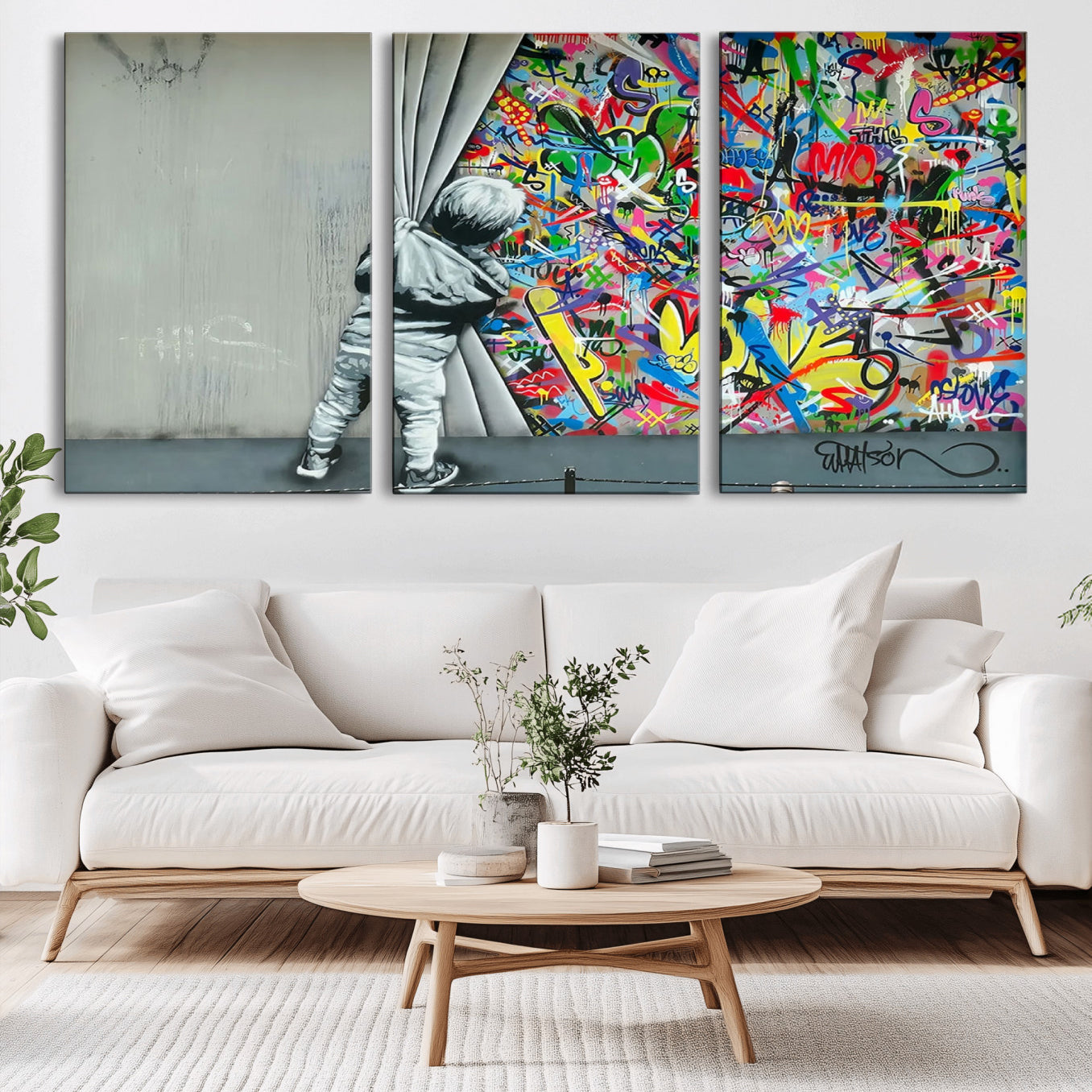 51713-MGV-CV-36X24-Banksy Colorful Street Graffiti Canvas Wall Art Print, Modern Art Triptych, Child and Graffiti Wall,
