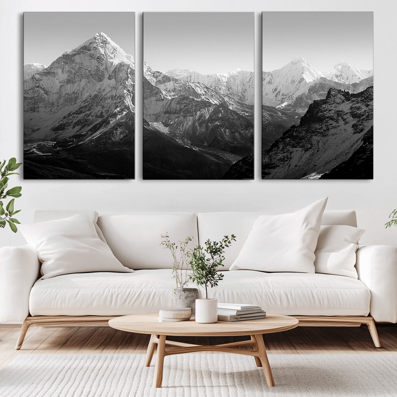 10775-MGV-CV-36X24-Everest Himalaya Mountain Peaks Black & White Triptych Canvas Art – Mountain Wall Decor, Everest