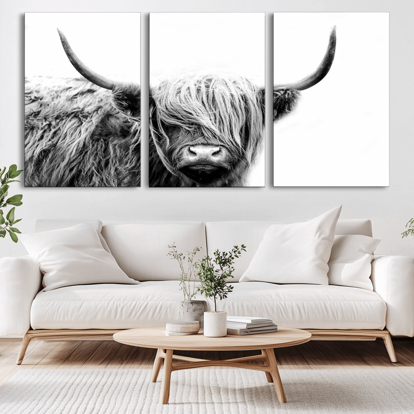 51957-MGV-CV-36X24-Black White Scottish Highland Cow Cattle Art Print Farmhouse Wall Art Canvas Print