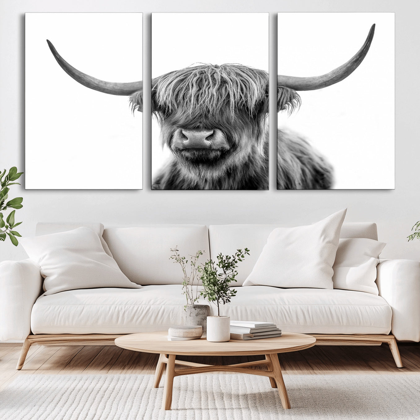 -Grayscale Scottish Highland Cow Cattle Art Print Farmhouse Wall Art Canvas Print