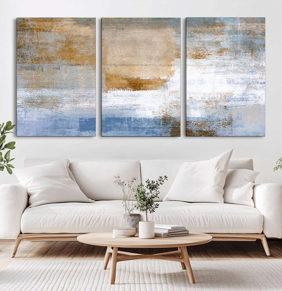 Blue Multi Panel Abstract Wall Art Canvas, Abstract Blue and Gold Canvas Print