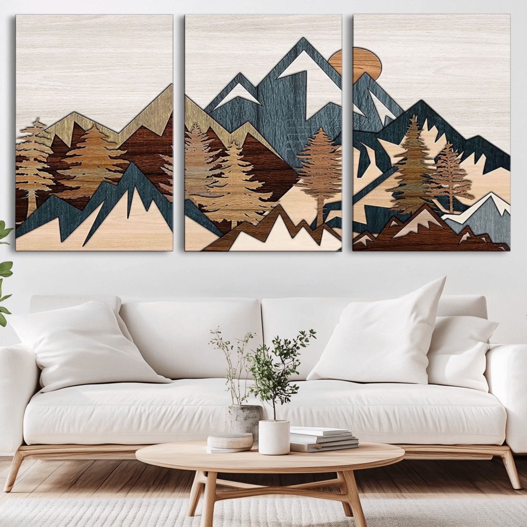 67950-MGV-CV-36X24-Rustic Abstract Wood Panel Effect Canvas Mountain Range Top Wood Wall Art Canvas Print
