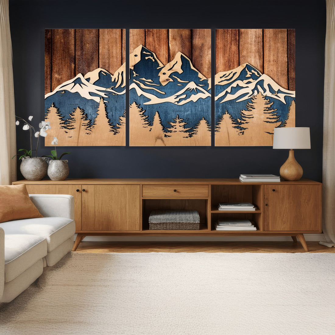 Rustic Wood Style Mountain Wall Art, Nature Forest Canvas Print