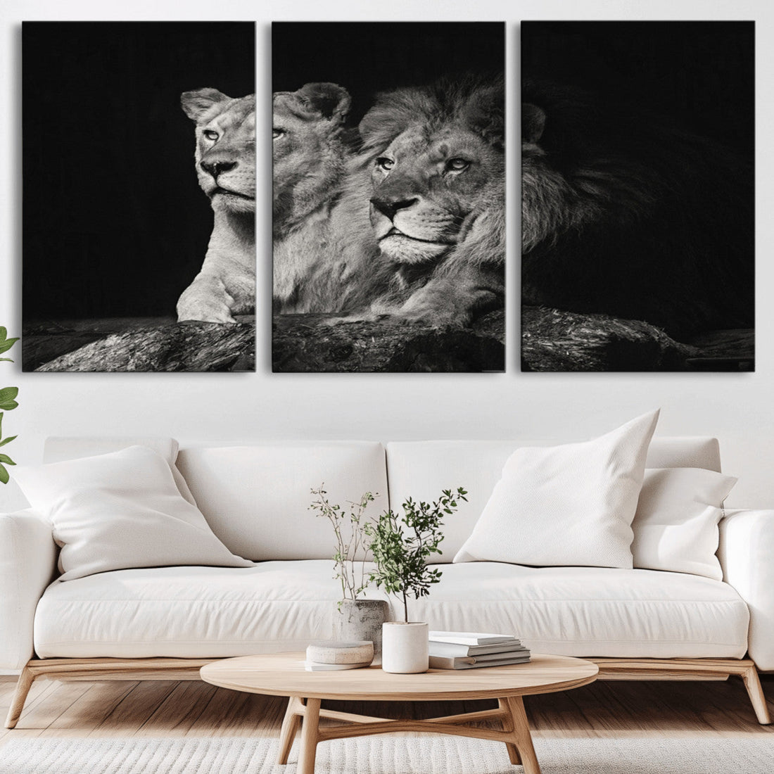 Lion Couple Wall Art Canvas Print, Elegant Black and White Wildlife Portrait