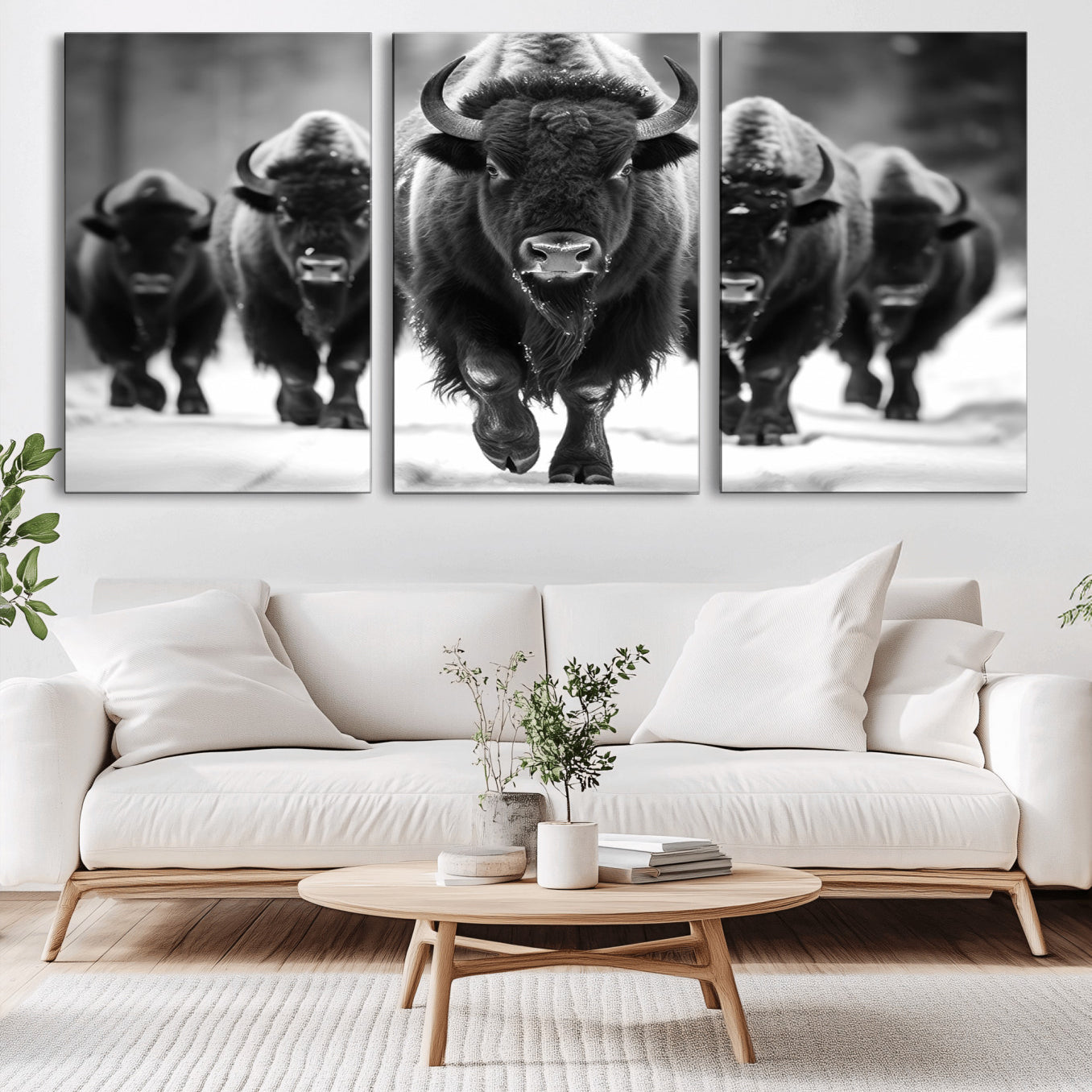 -American Bison Art | Buffalo Herd Wall Art Canvas Print, BW American Bison Herd Wall Art Canvas