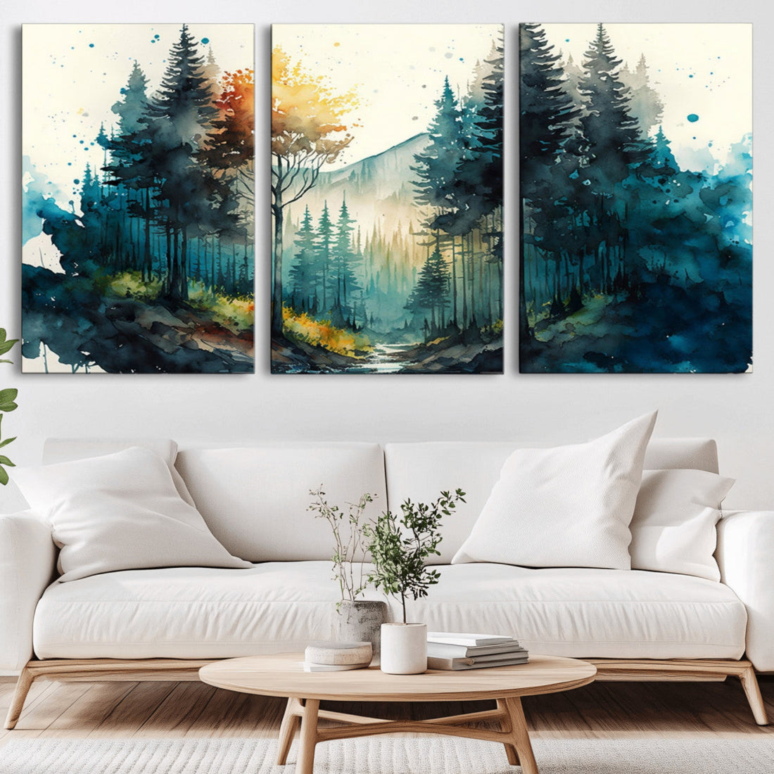 Watercolor Trees Forest Abstract Wall Art Canvas Print, Framed Watercolor Trees Wall Art