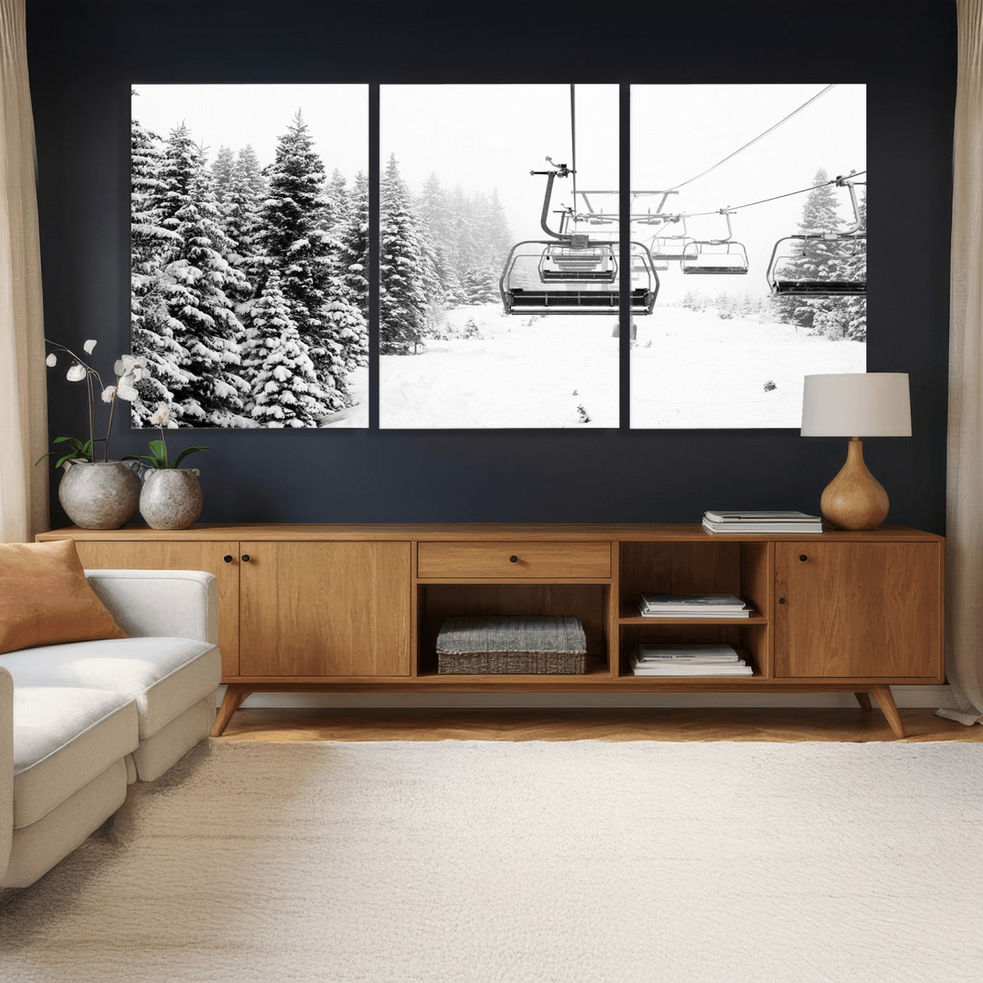 70609-MGV-CV-36X24 - Winter Forest Wall Art Canvas Print, Framed Snowy Forest Art Picture Print, Winter Ski Lift Perfect