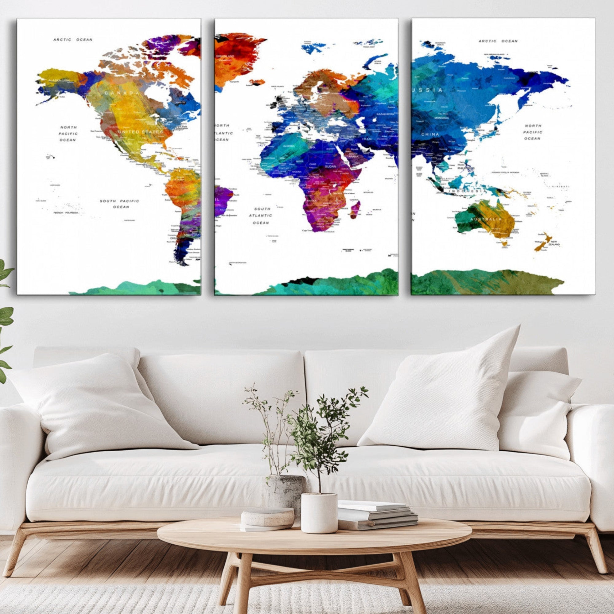 48979-MGV-CV-36X24-Colorful Watercolor World Map Canvas Print – Vibrant Framed Travel Map Wall Art, Modern Decor for Living Room or Office