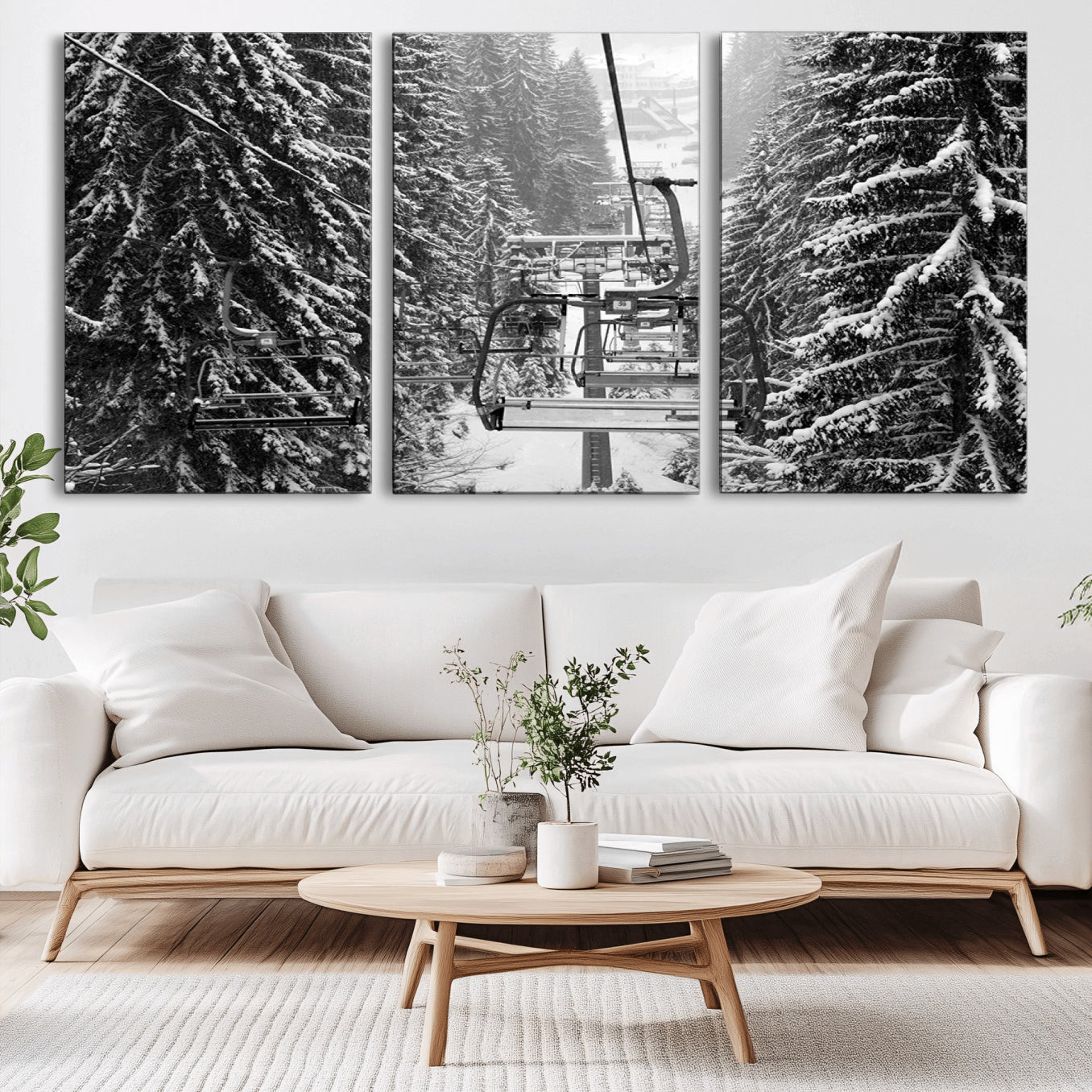 19240-MGV-CV-36X24-Winter Ski Lift Black and White Canvas Wall Art – Alpine Escape in Minimalist Style – Winter Ski