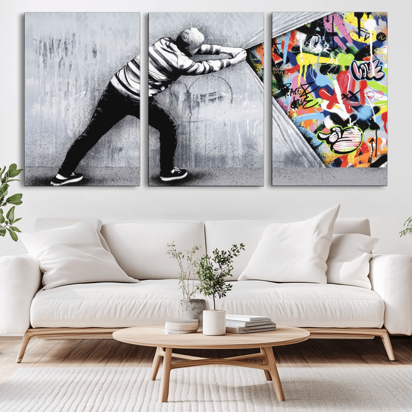 52252-MGV-CV-36X24-Banksy Art Behind the Curtain Street Wall Art Canvas Print | 3-Panel Urban Graffiti-Inspired Wall
