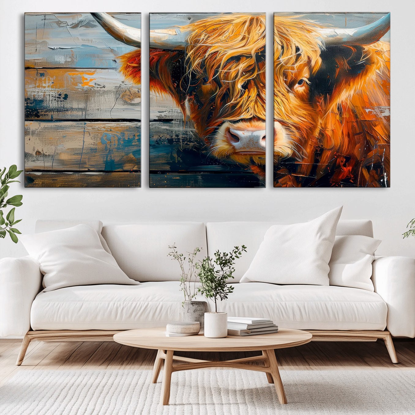 -Highland Cow Abstract Canvas Wall Art – Bold Farmhouse Rustic Decor – Ready to Hang