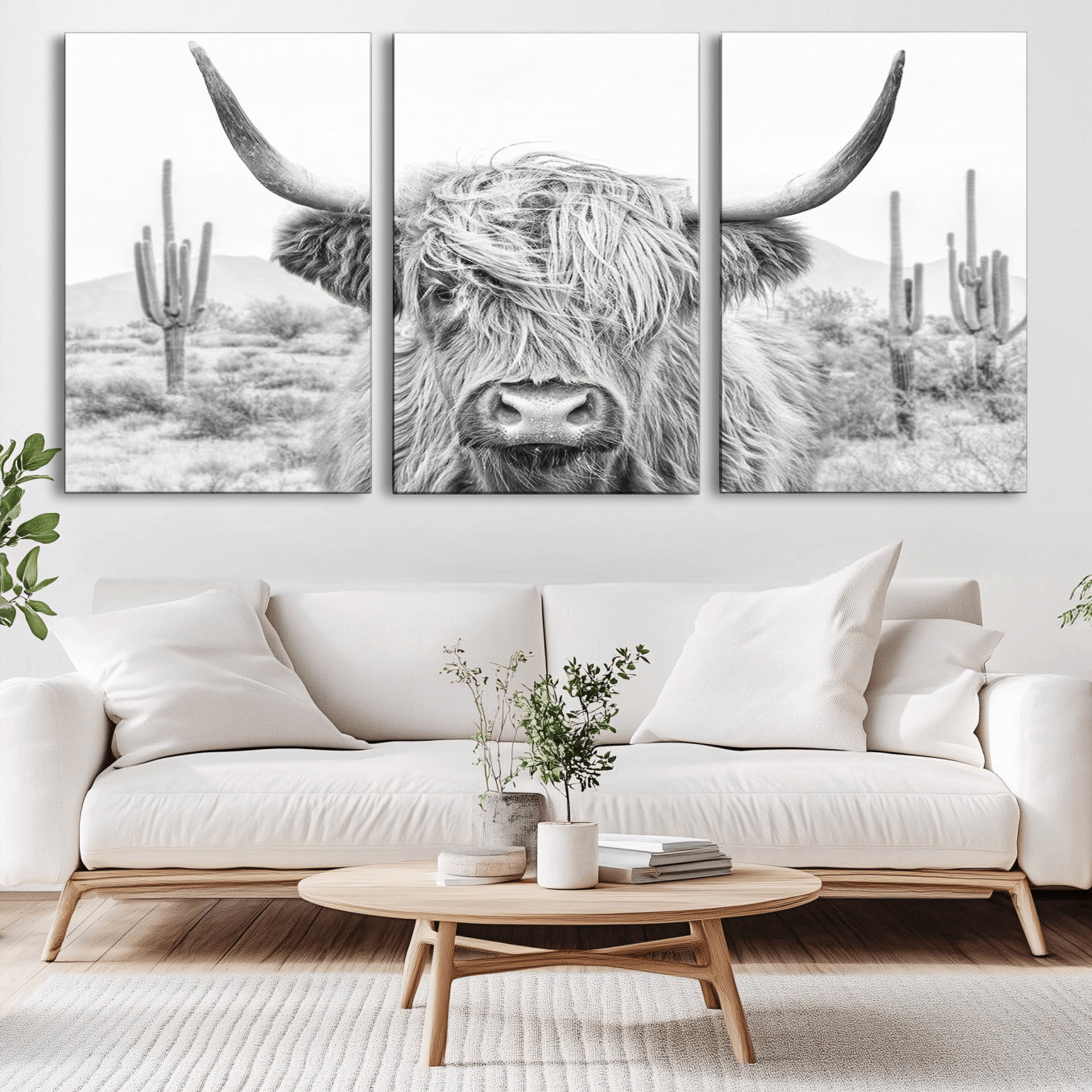 -Rustic Charm | Cow Longhorn Black White Bighorn Wall Art Canvas Print | Farmhouse Wall Art
