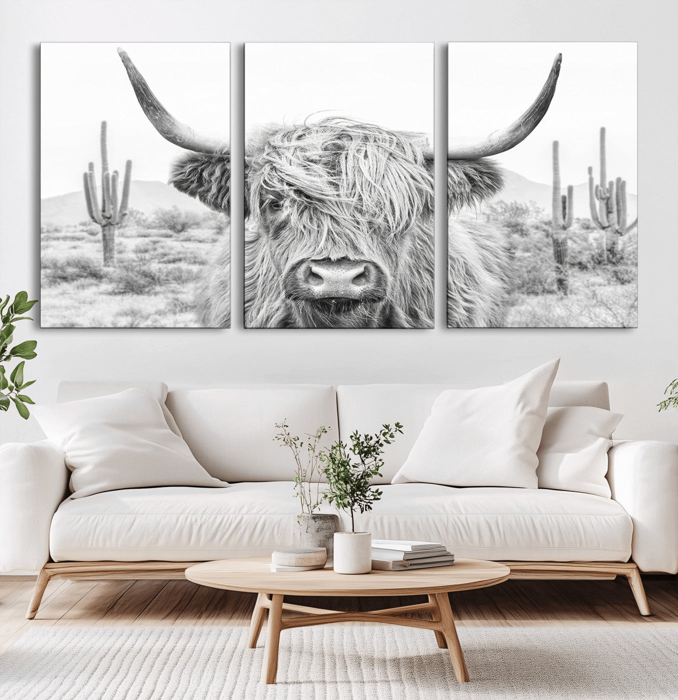 -Rustic Charm | Cow Longhorn Black White Bighorn Wall Art Canvas Print | Farmhouse Wall Art