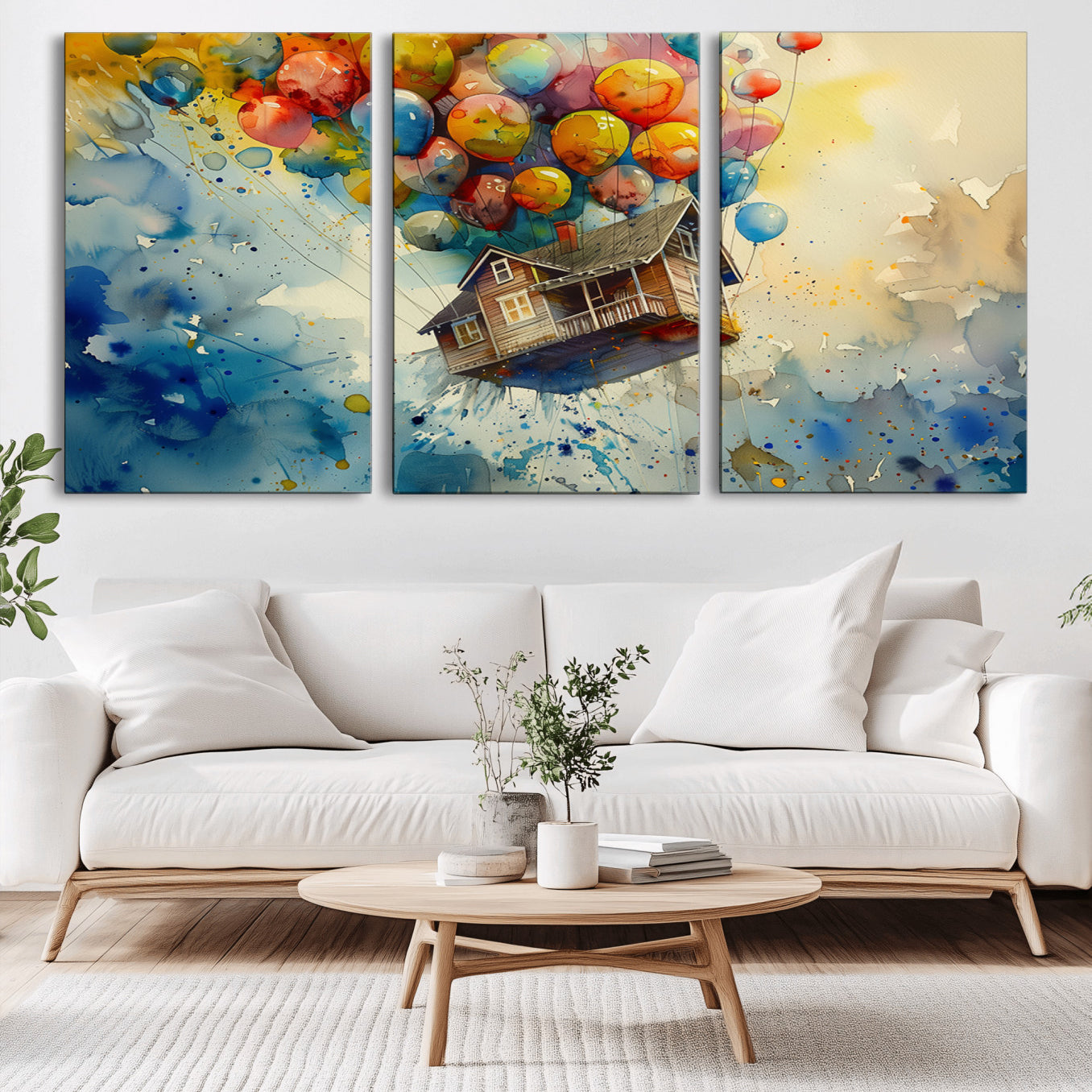 -UP-Inspired Floating House with Balloons Canvas Art – Colorful 3-Panel Wall Decor for Living Room,