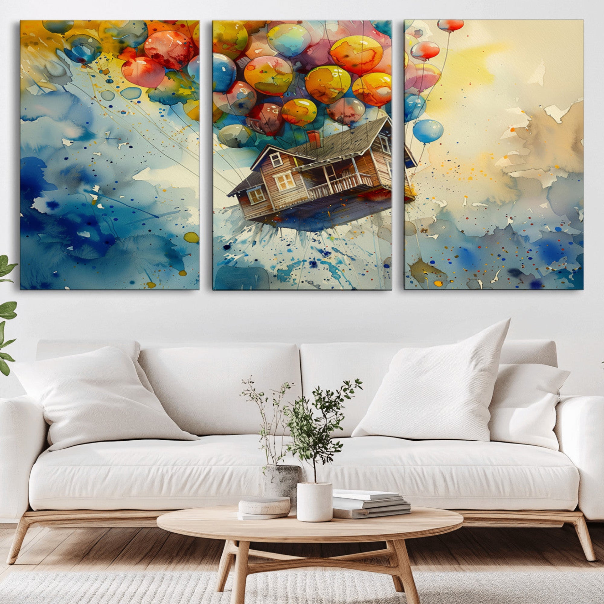 77149-MGV-CV-36X24-UP-Inspired Floating House with Balloons Canvas Art – Colorful 3-Panel Wall Decor for Living Room,
