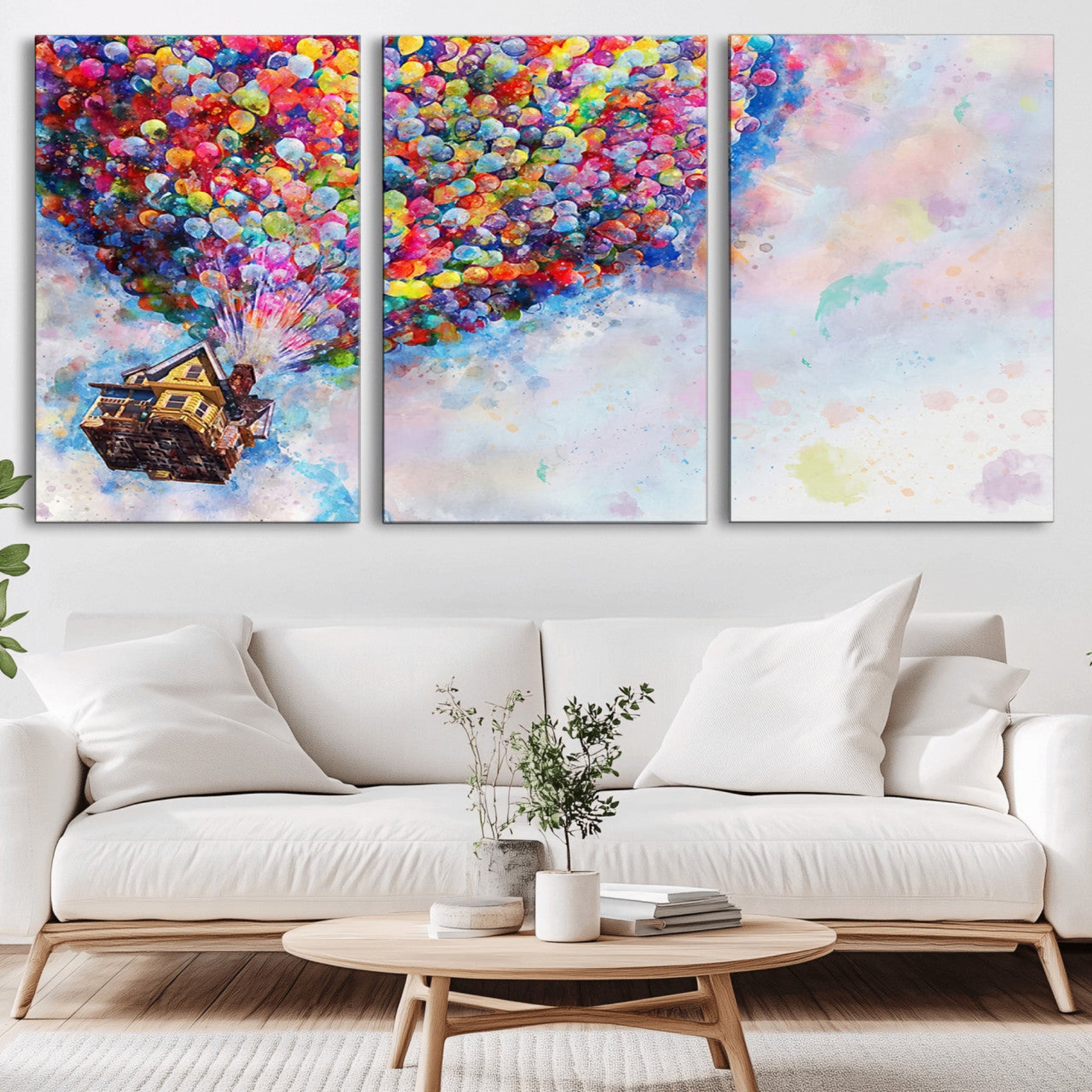 29167-MGV-CV-36X24-Don't Look Up Movie Canvas Wall Art - Vibrant Floating House and Balloons Scene, Tribute to Iconic