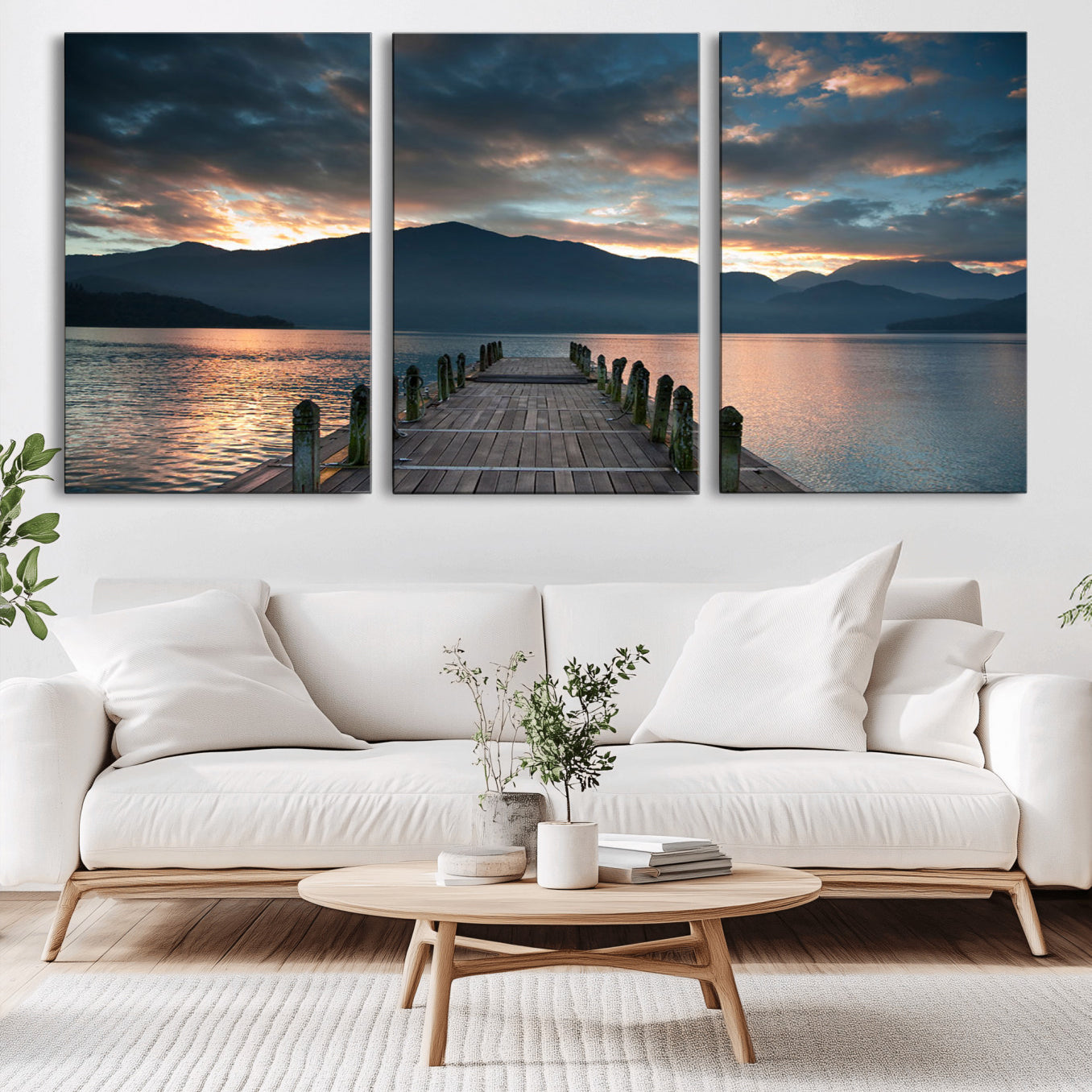 -Mountain Lake Wood Pier Canvas Wall Art Nature Lake Print