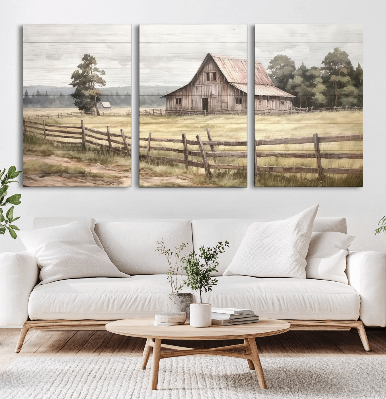 87489-MGV-CV-36X24-Rustic Farmhouse Barn Wall Art | 3-Panel Framed Gallery Wrap Giclee Canvas Print for Living Room,