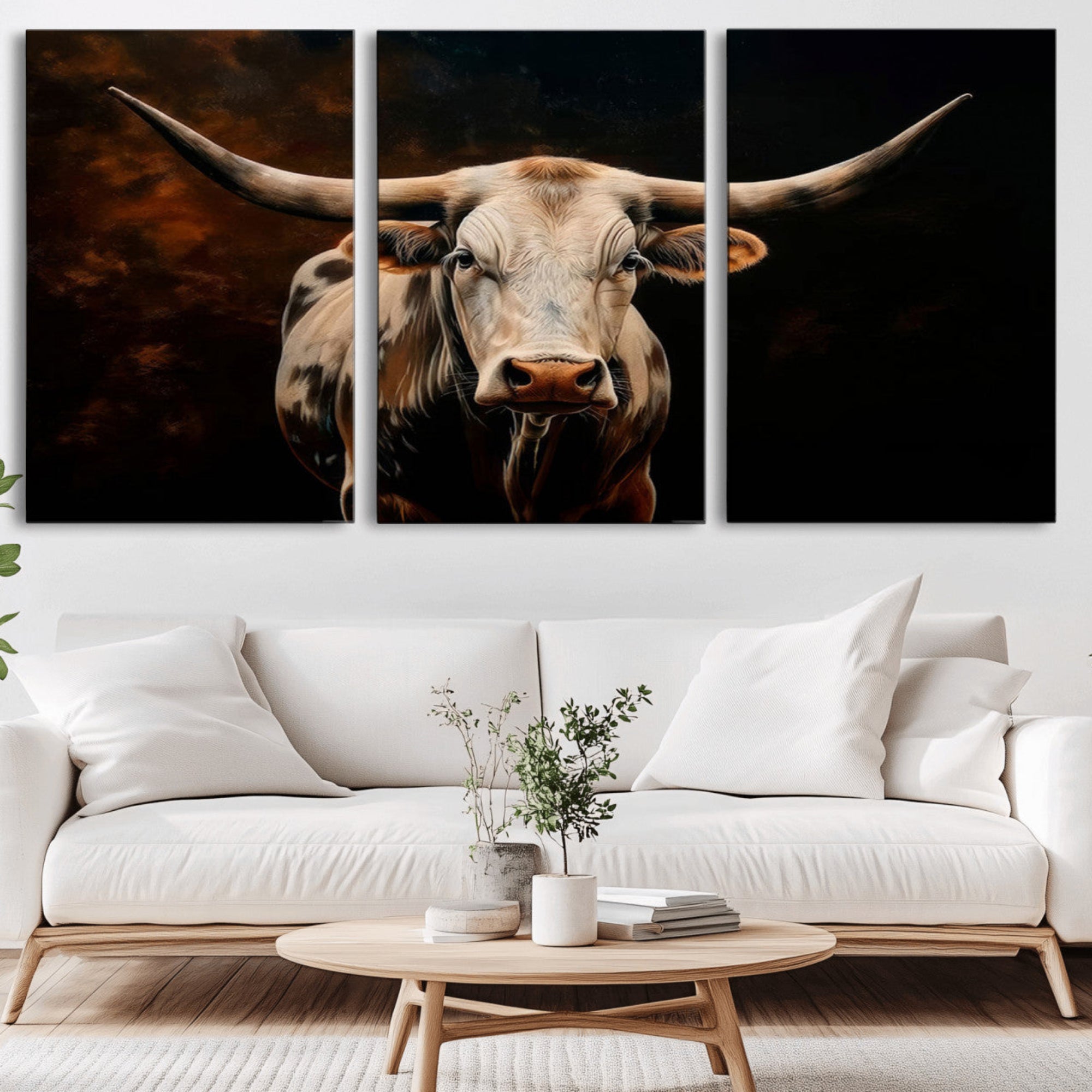 70522-MGV-CV-36X24-Texas Longhorn Wall Art | 3-Panel Large Texas Longhorn Canvas Print for Living Room, Office, or
