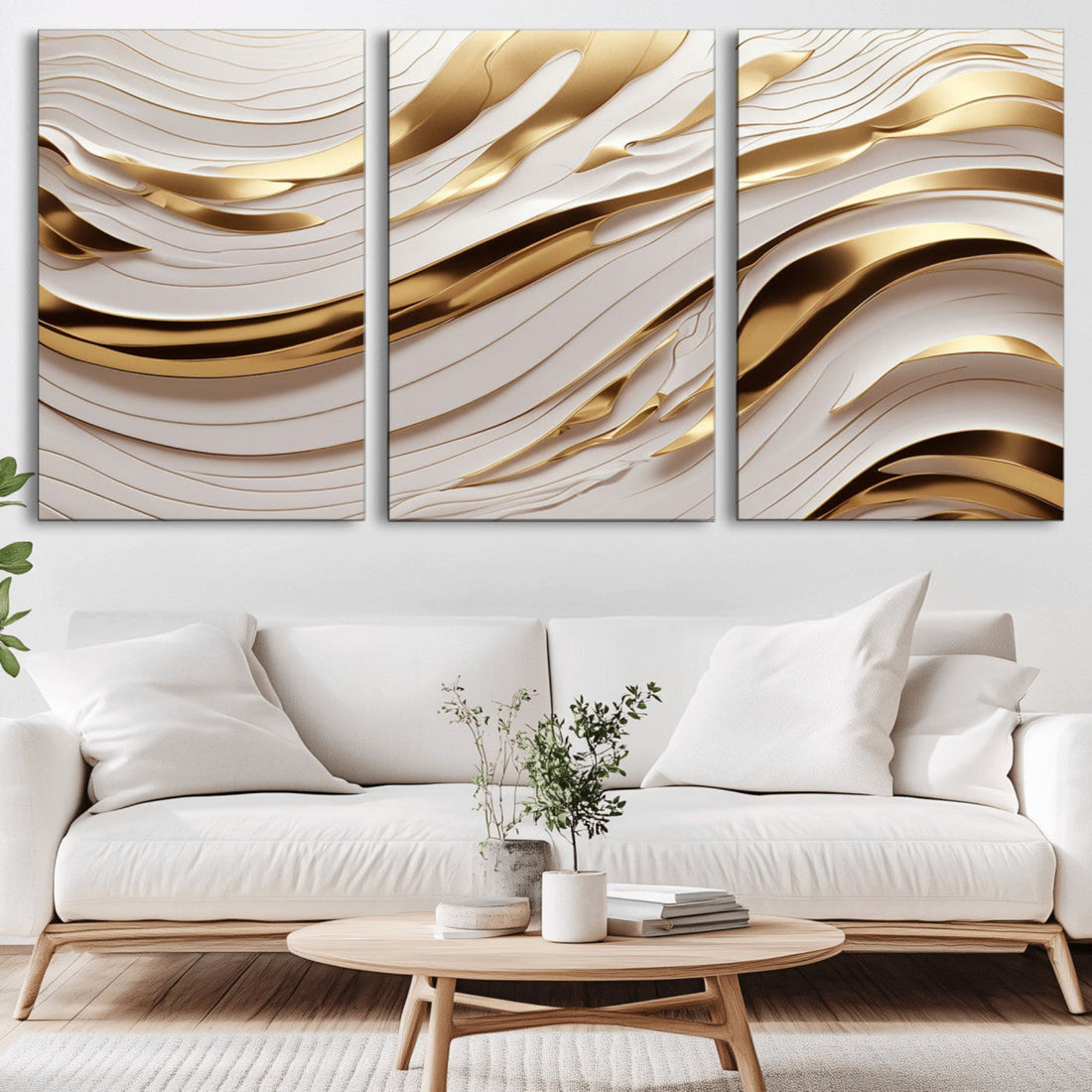 Gold and White Abstract Wave Canvas | Elegant Flowing Design with Golden Accents