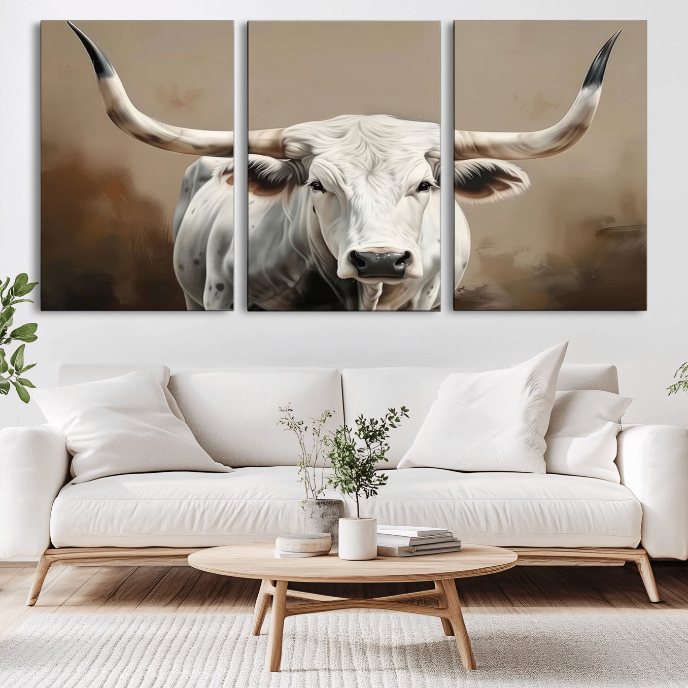 -White Longhorn Bull Wall Art Canvas Print – Framed and Ready to Hang – Perfect for Farmhouse and