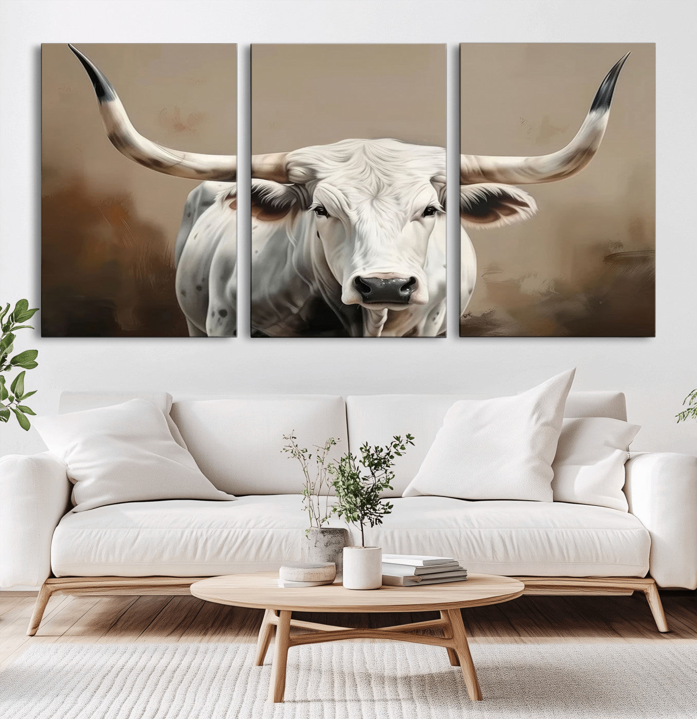 -White Longhorn Bull Wall Art Canvas Print – Framed and Ready to Hang – Perfect for Farmhouse and