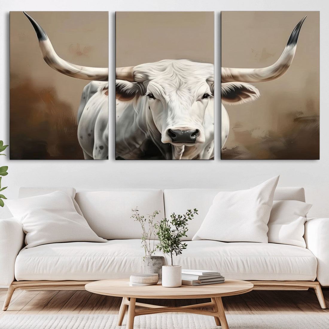 White Longhorn Bull Wall Art Canvas Print, Framed and Ready to Hang