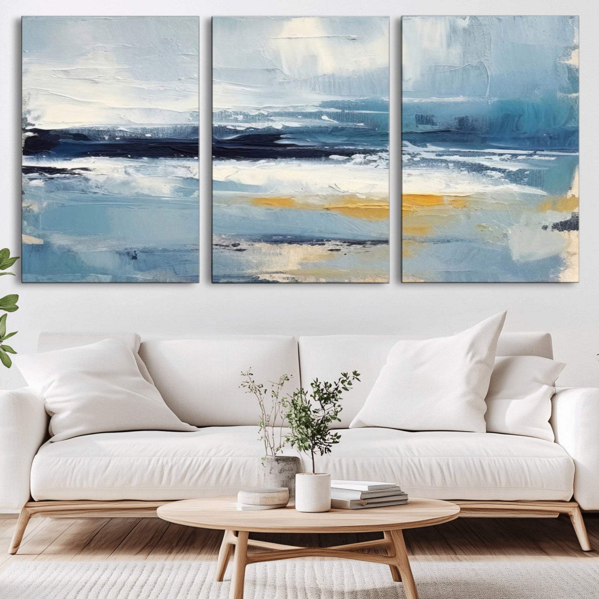 19746-MGV-CV-36X24-Abstract Ocean Canvas Wall Art - Coastal Blue and Gold Textured Painting, Modern Seascape Decor for