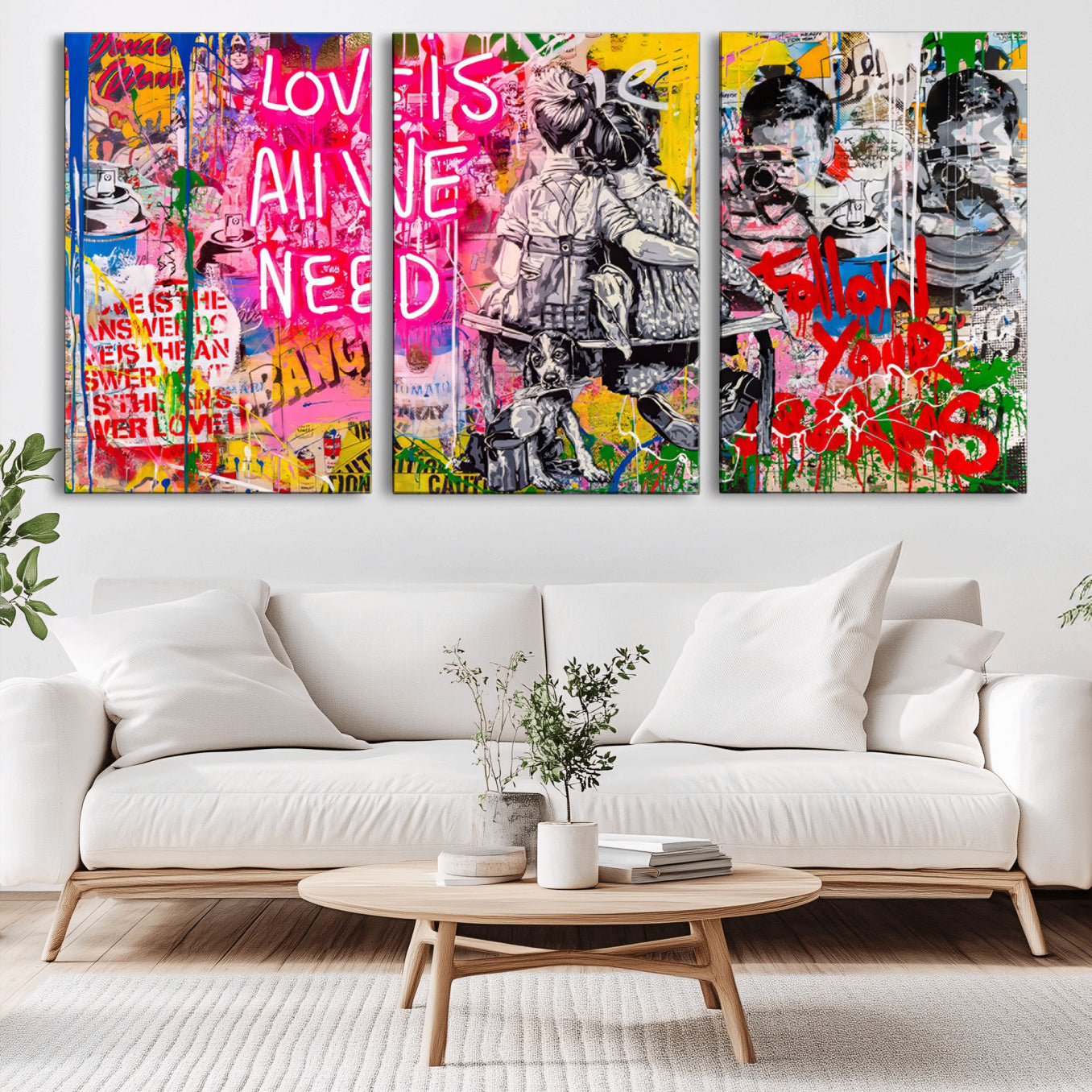 67019-MGV-CV-36X24-Follow Your Dreams & Love is All We Need Graffiti Street Art Triptych | Colorful Urban Wall Art
