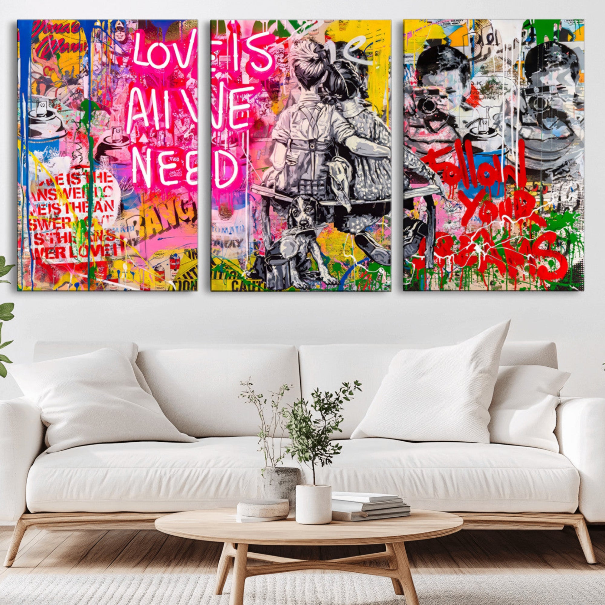 67019-MGV-CV-36X24-Follow Your Dreams & Love is All We Need Graffiti Street Art Triptych | Colorful Urban Wall Art
