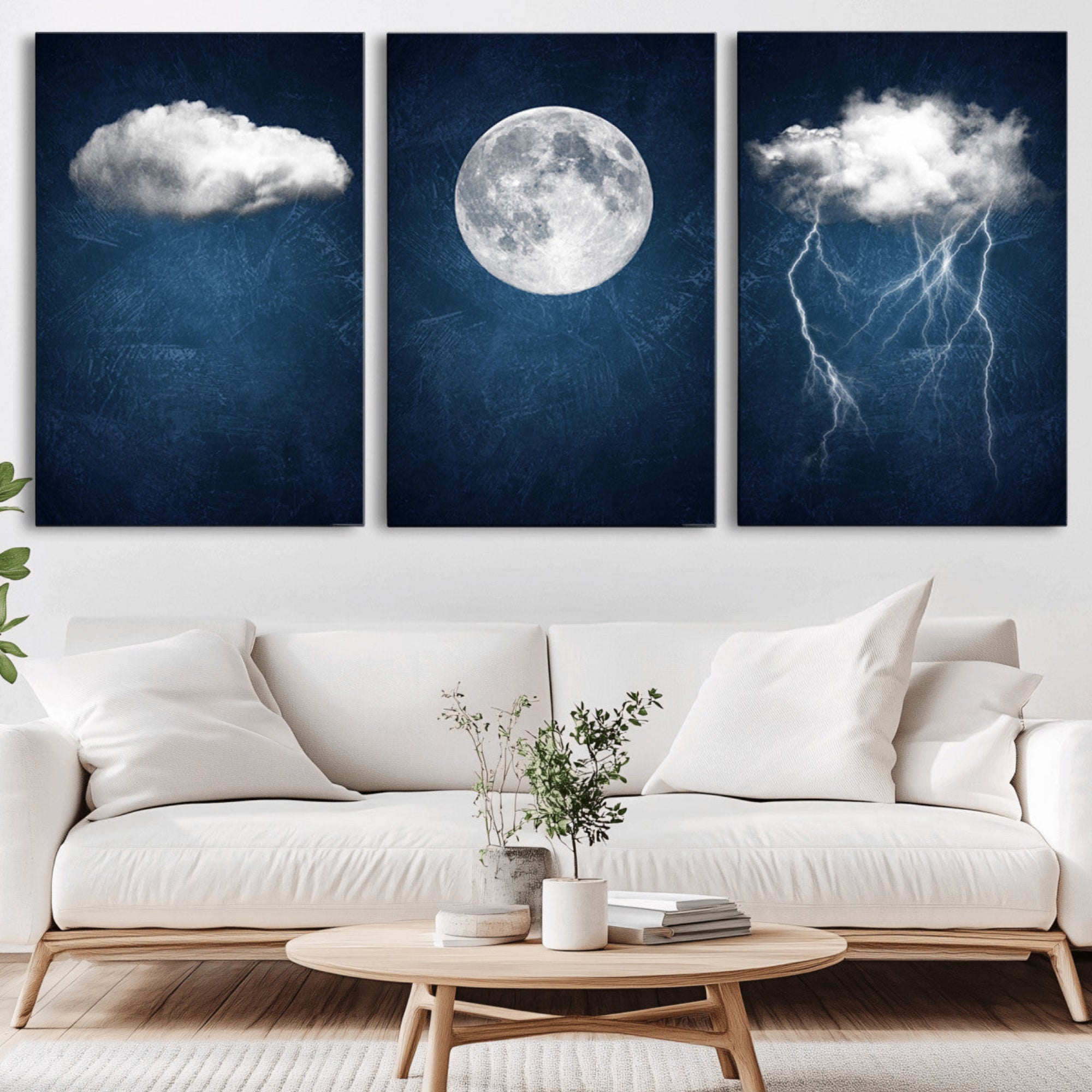 96569-MGV-CV-36X24-Dark Blue Cloud Art, 3 Piece Indigo Blue Wall Art, Aesthetic Surreal Art, Thunderstorm Moon Cloud