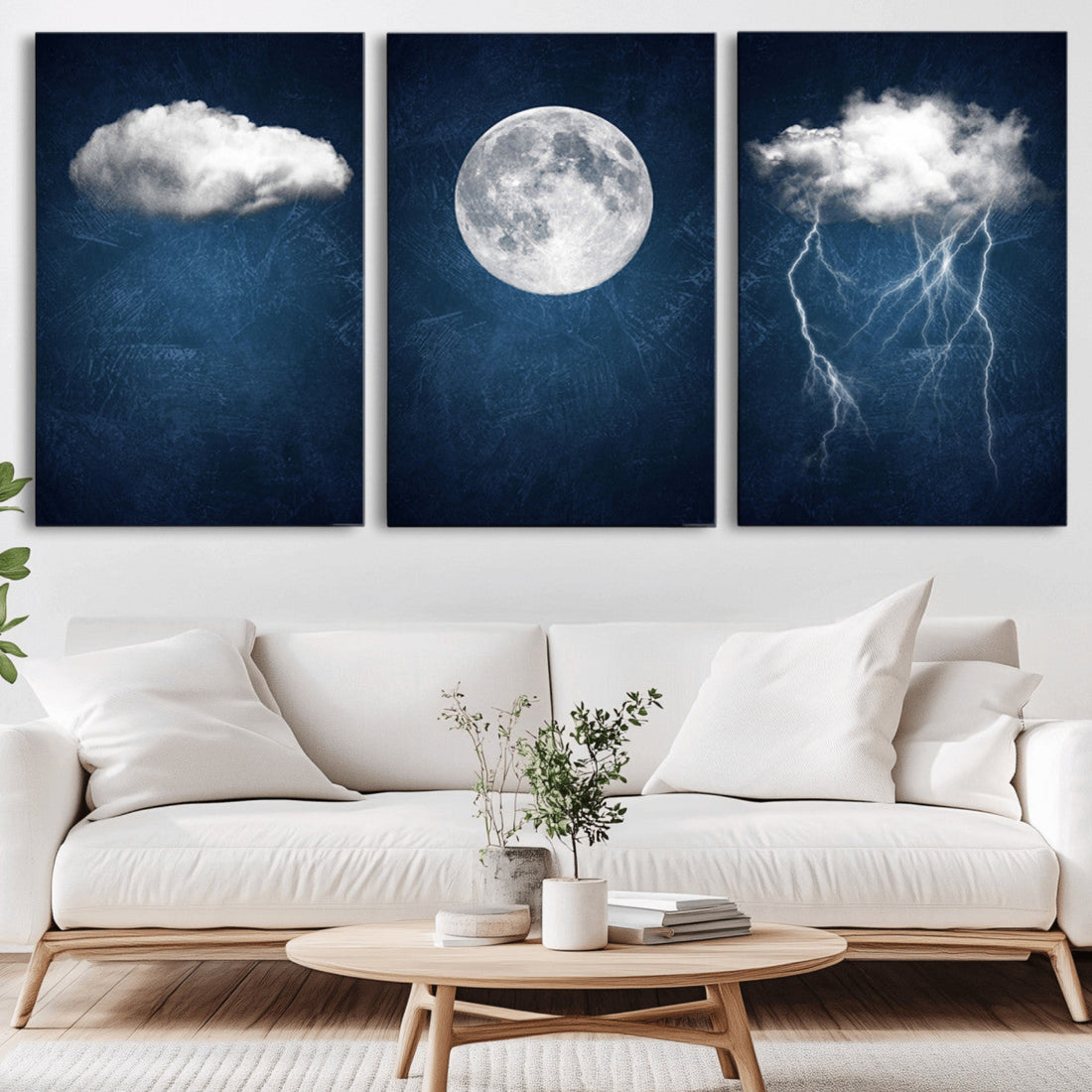 Dark Blue Cloud Art, 3 Piece Indigo Blue Wall Art, Aesthetic Surreal Thunderstorm Moon Cloud Art