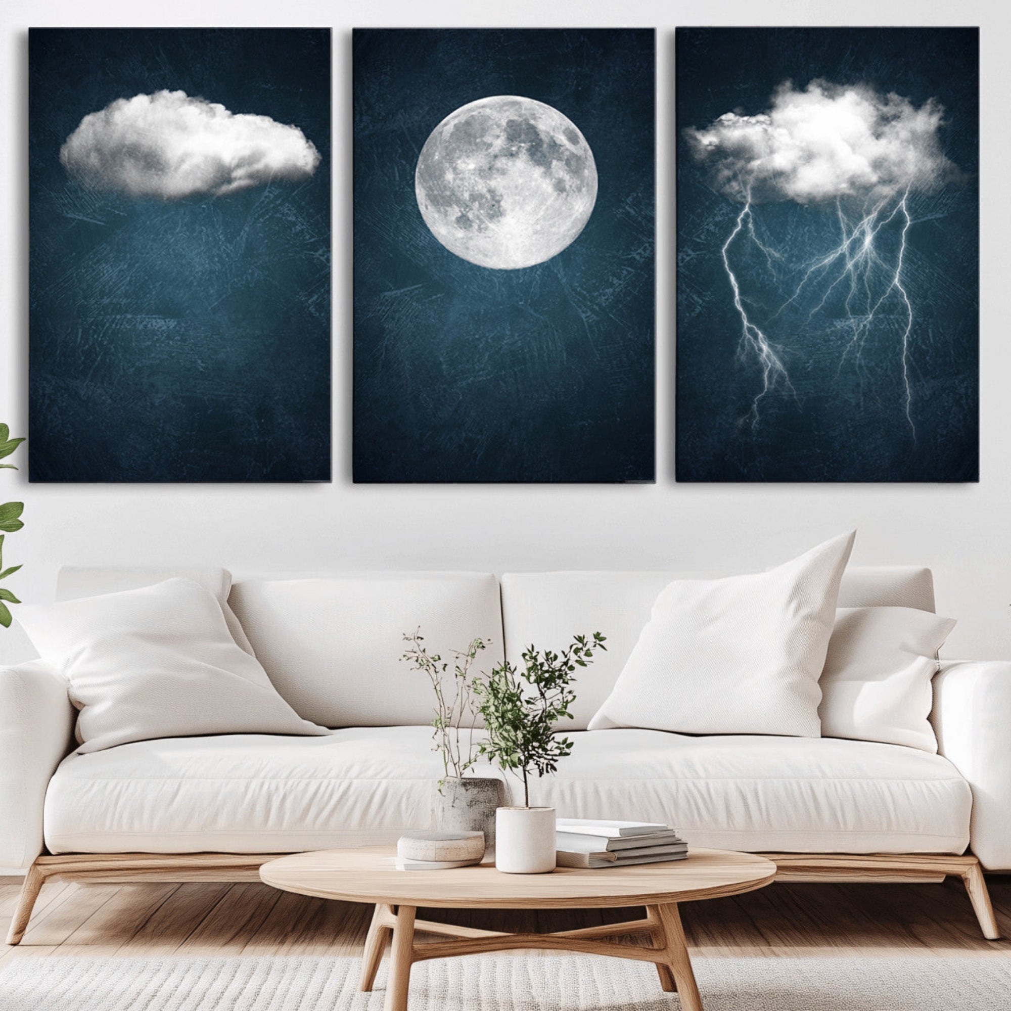 17673-MGV-CV-36X24-3 Piece Indigo Cloud Wall Art, Thunderstorm Moon Cloud Artworks