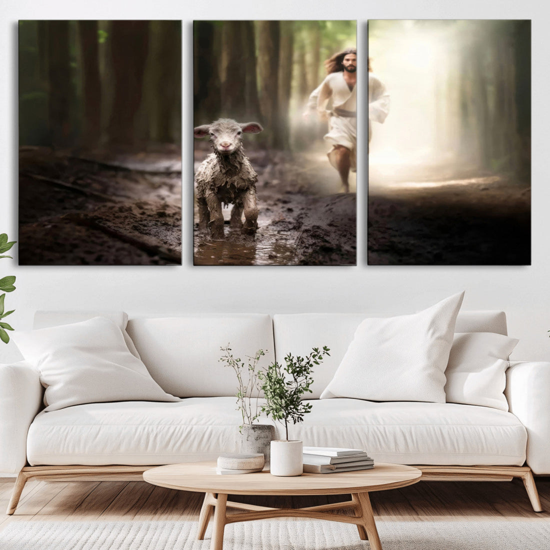 Jesus Canvas Wall Art - Jesus Running After Lost Lamb, Christian Home Decor
