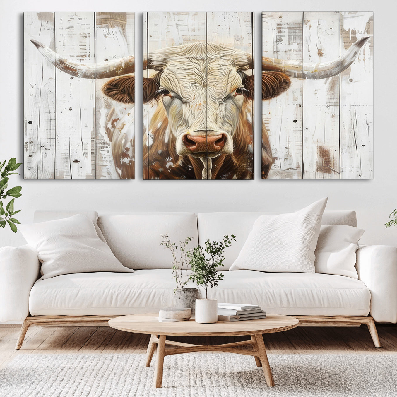 -Rustic Longhorn Bull Wall Art Canvas Set – Western-Inspired Farmhouse Décor - Ready to Hang