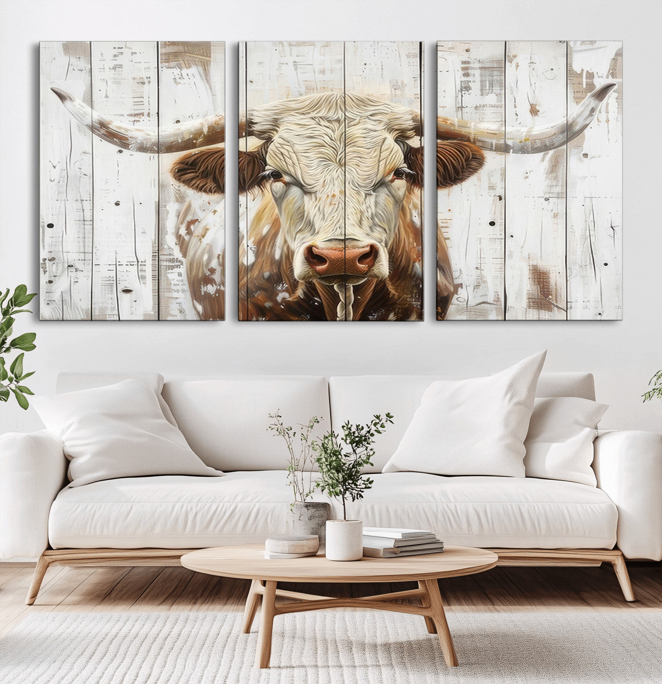-Rustic Longhorn Bull Wall Art Canvas Set – Western-Inspired Farmhouse Décor - Ready to Hang