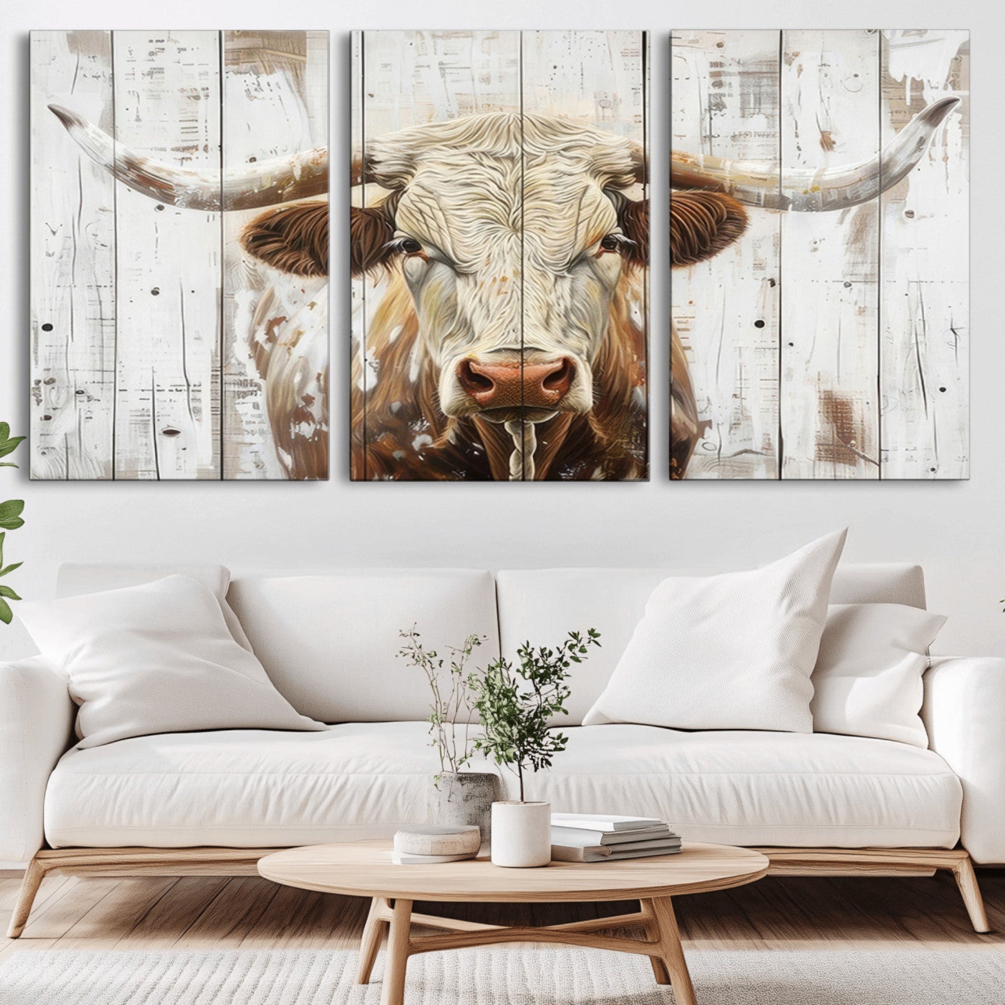 71551-MGV-CV-36X24-Rustic Longhorn Bull Wall Art Canvas Set – Western-Inspired Farmhouse Décor - Ready to Hang