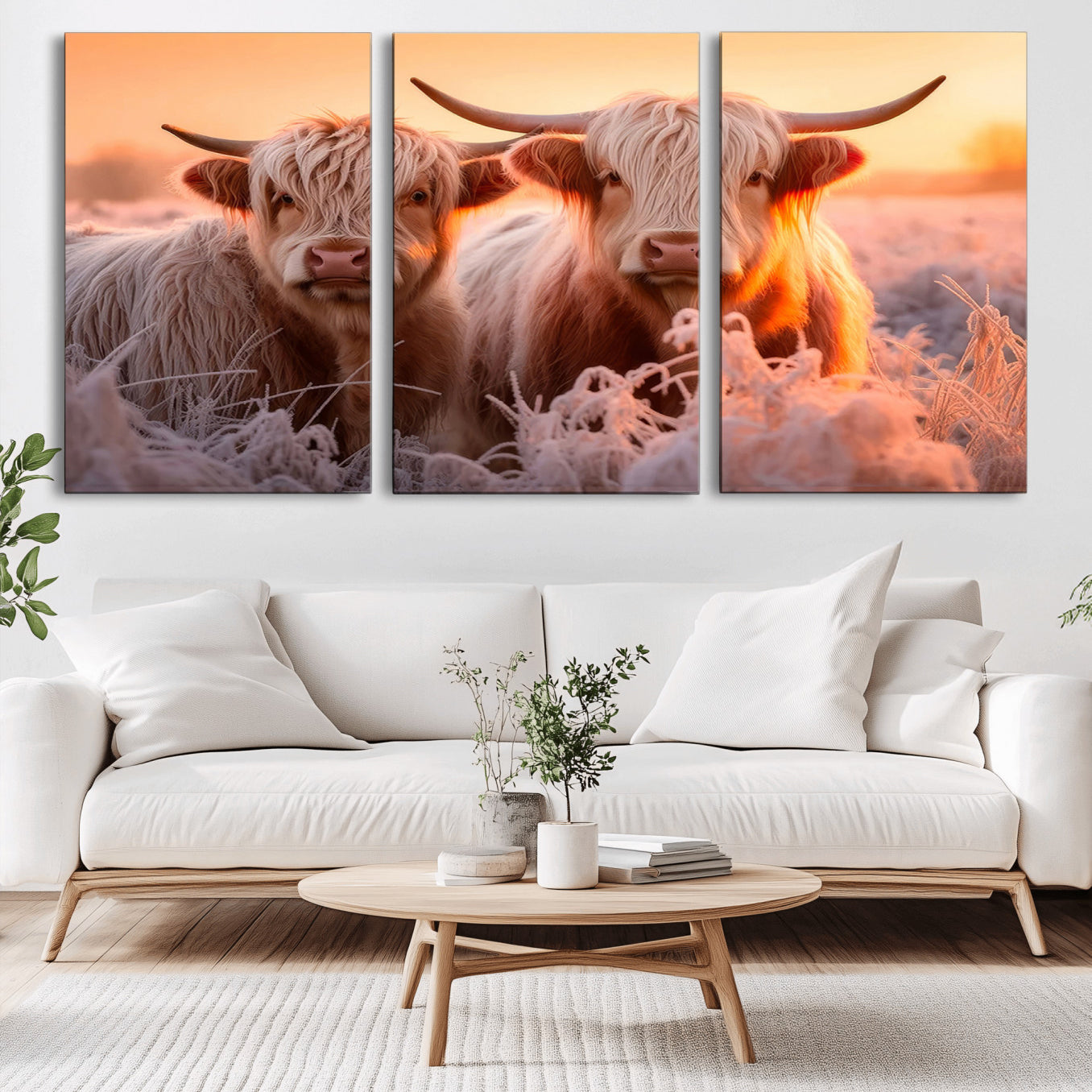 -Highland Cows at Sunrise Wall Art Canvas Set – Serene and Rustic Farmhouse Decor