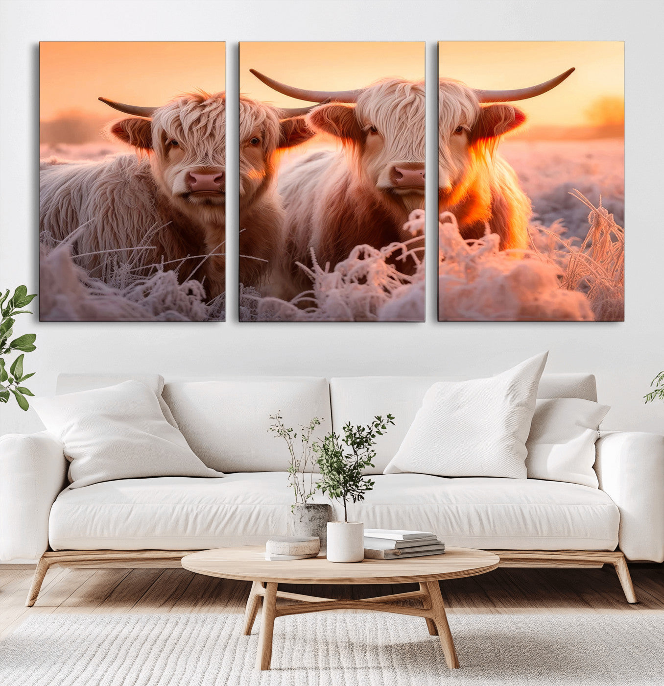-Highland Cows at Sunrise Wall Art Canvas Set – Serene and Rustic Farmhouse Decor