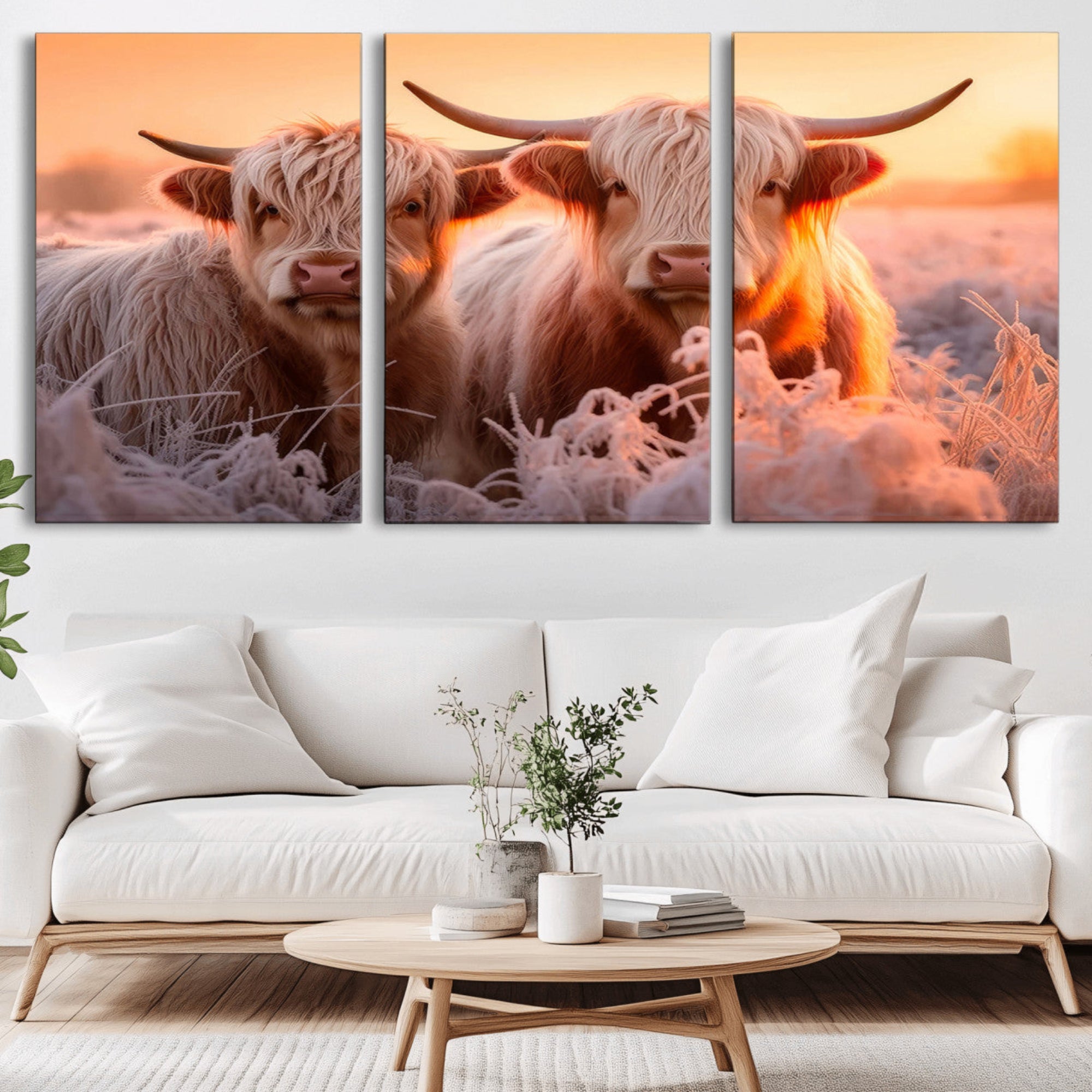 68253-MGV-CV-36X24-Highland Cows at Sunrise Wall Art Canvas Set – Serene and Rustic Farmhouse Decor