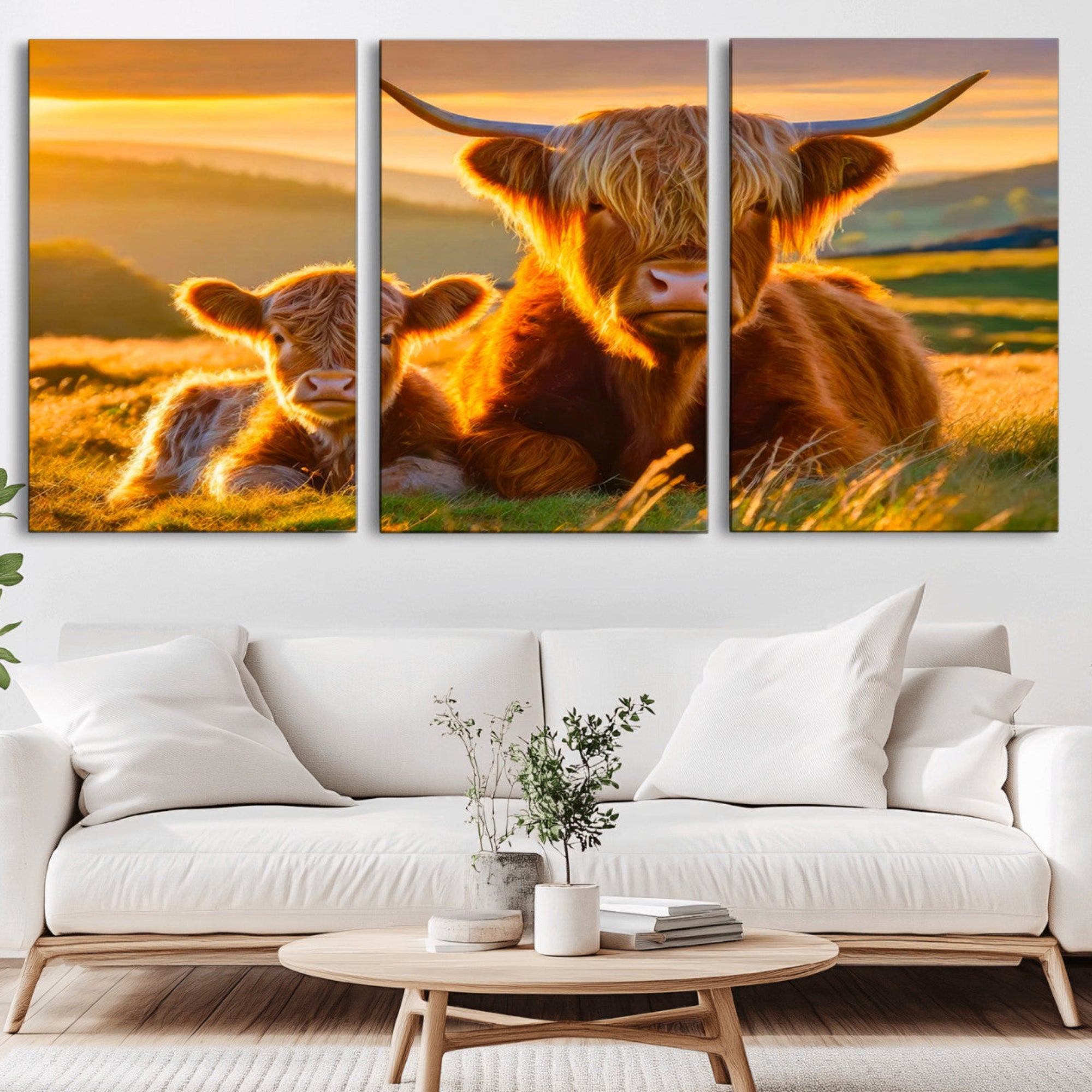 20567-MGV-CV-36X24-Scottish Cow and Baby Cow Canvas Wall Art Animal Print Fluffy Cattle Framed Farmhouse Decor