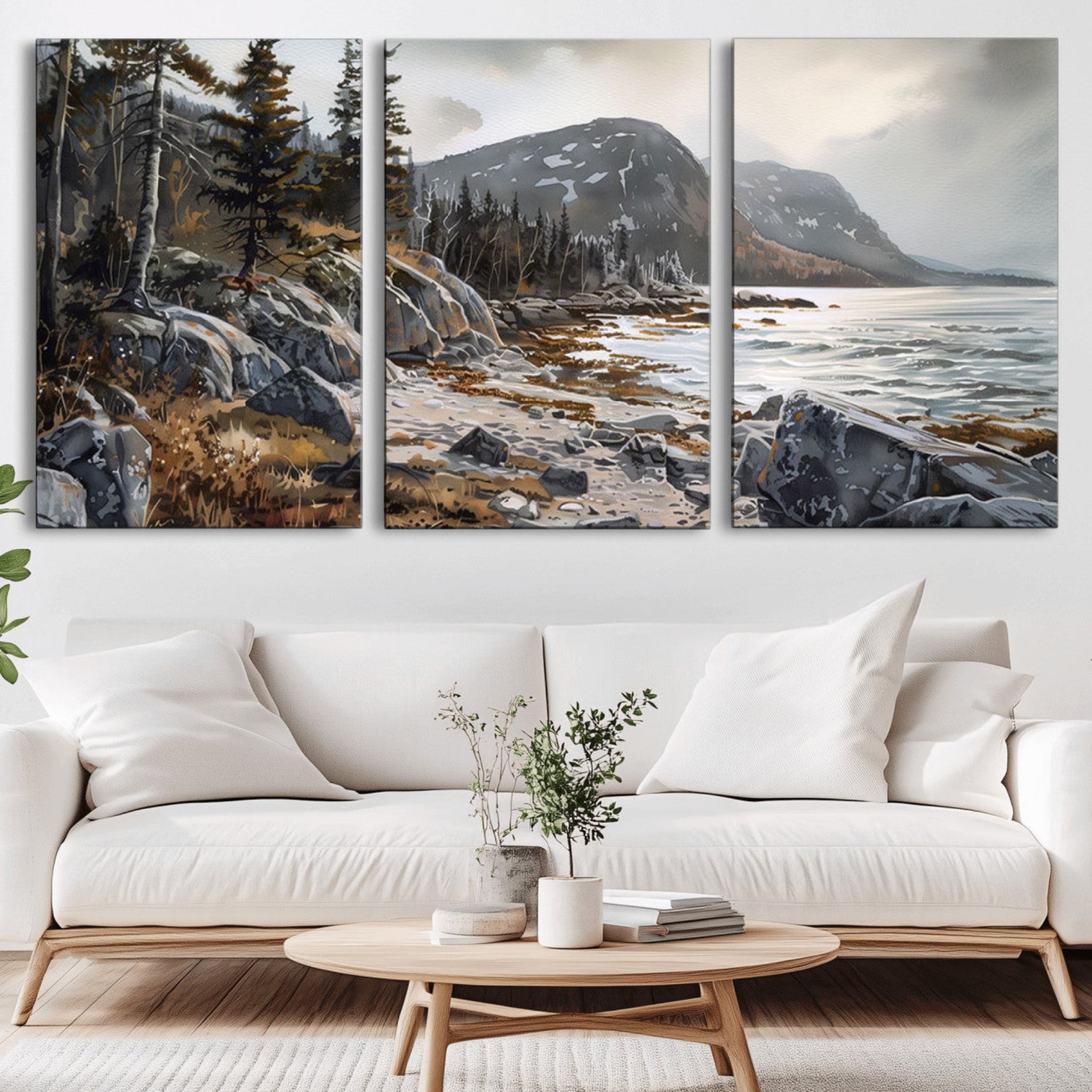 41281-MGV-CV-36X24-Serene Coastal View of Acadia National Park - Stunning 3-Panel Wall Art Canvas Print, Framed, Ready