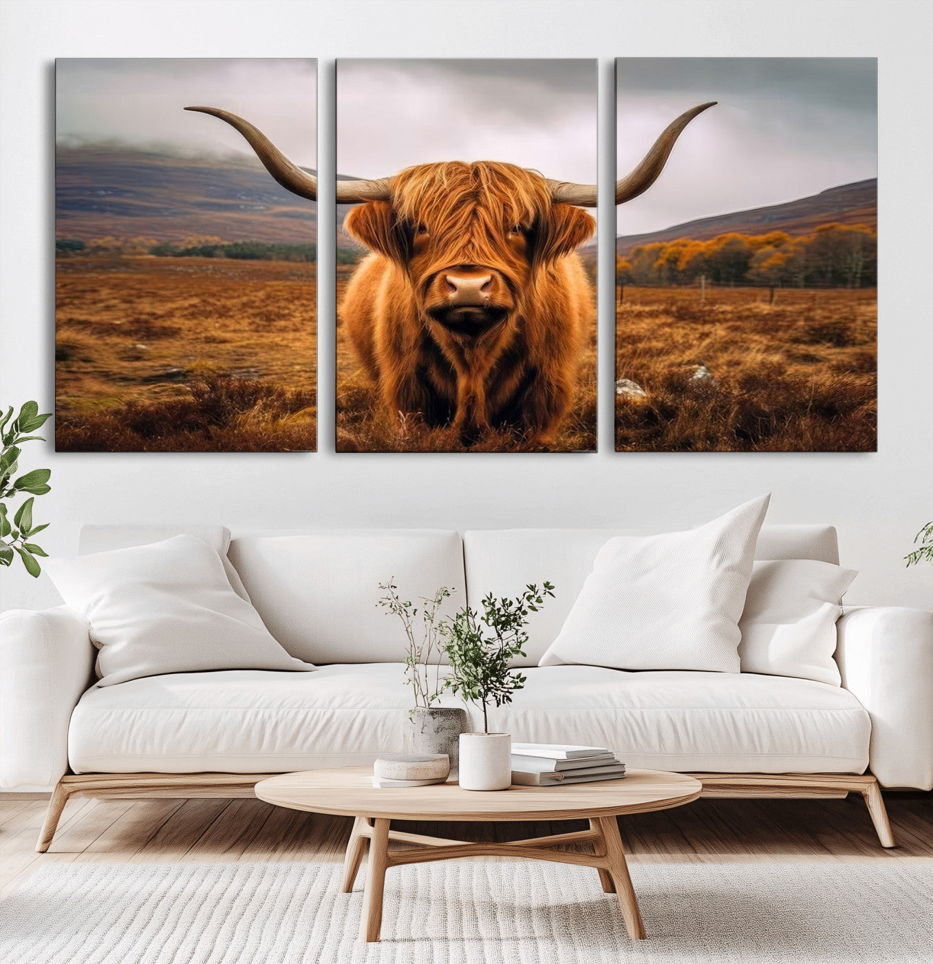 -Highland Cow Longhorn Wall Art – Rustic Canvas Print, Framed and Ready to Hang for Farmhouse Décor