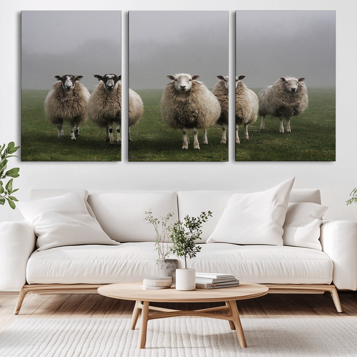 -Flock of Sheep in a Mystical Fog – Pastoral Wall Art Canvas Print, Framed, Ready to Hang