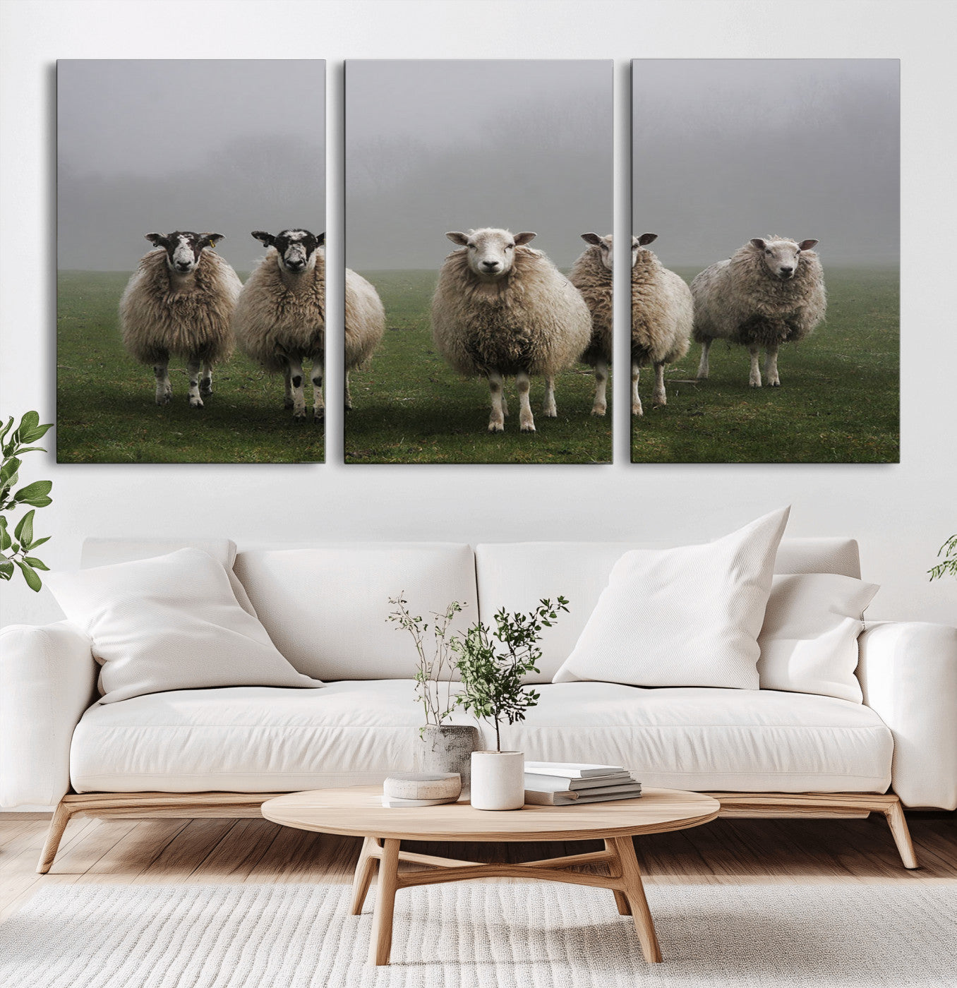 -Flock of Sheep in a Mystical Fog – Pastoral Wall Art Canvas Print, Framed, Ready to Hang