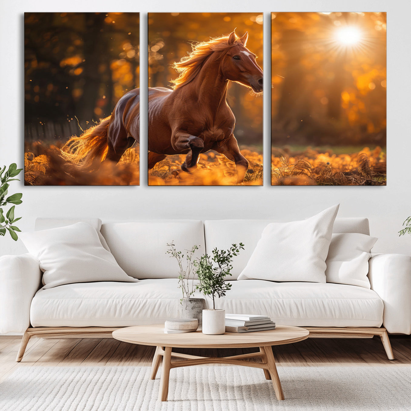-Running Horse Sunset Forest Wall Art Canvas Print