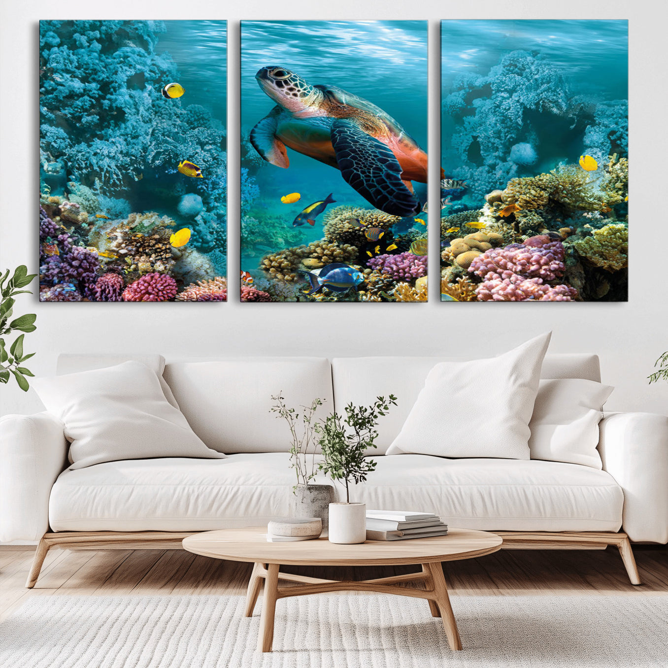 -Sea Turtle and Coral Reef Triptych Wall Art – Vibrant Underwater Scene Canvas Set for Ocean Lovers